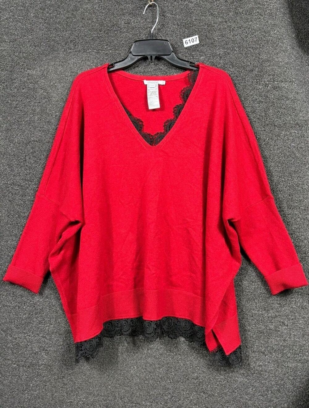 Chico's Tunic Sweater Womens Size L/XL Red Dollman Sleeve Crochet Trim Oversized